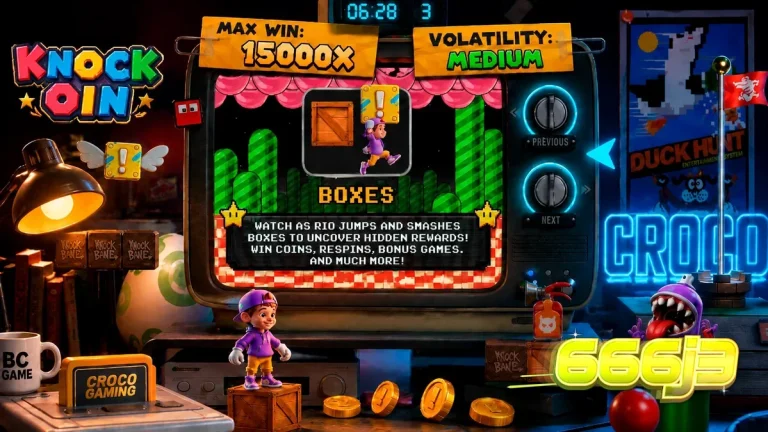 Tampilan visual retro 8-bit dari slot KNOCKOIN dengan karakter Rio.